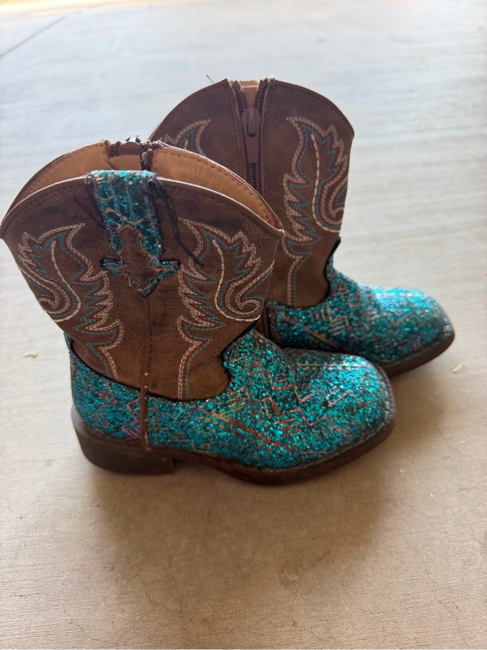 Roper Kids Glitter Aztec Western Cowboy Boots - Turquoise / Brown